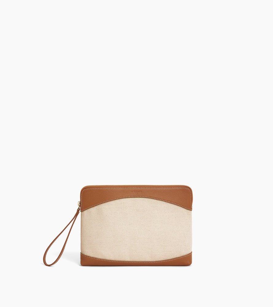 Zipped pouch in cotton canvas and grained leather
