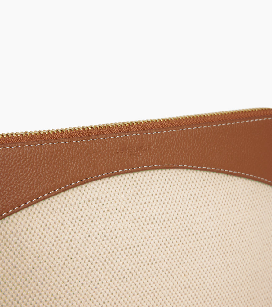 Zipped pouch in cotton canvas and grained leather