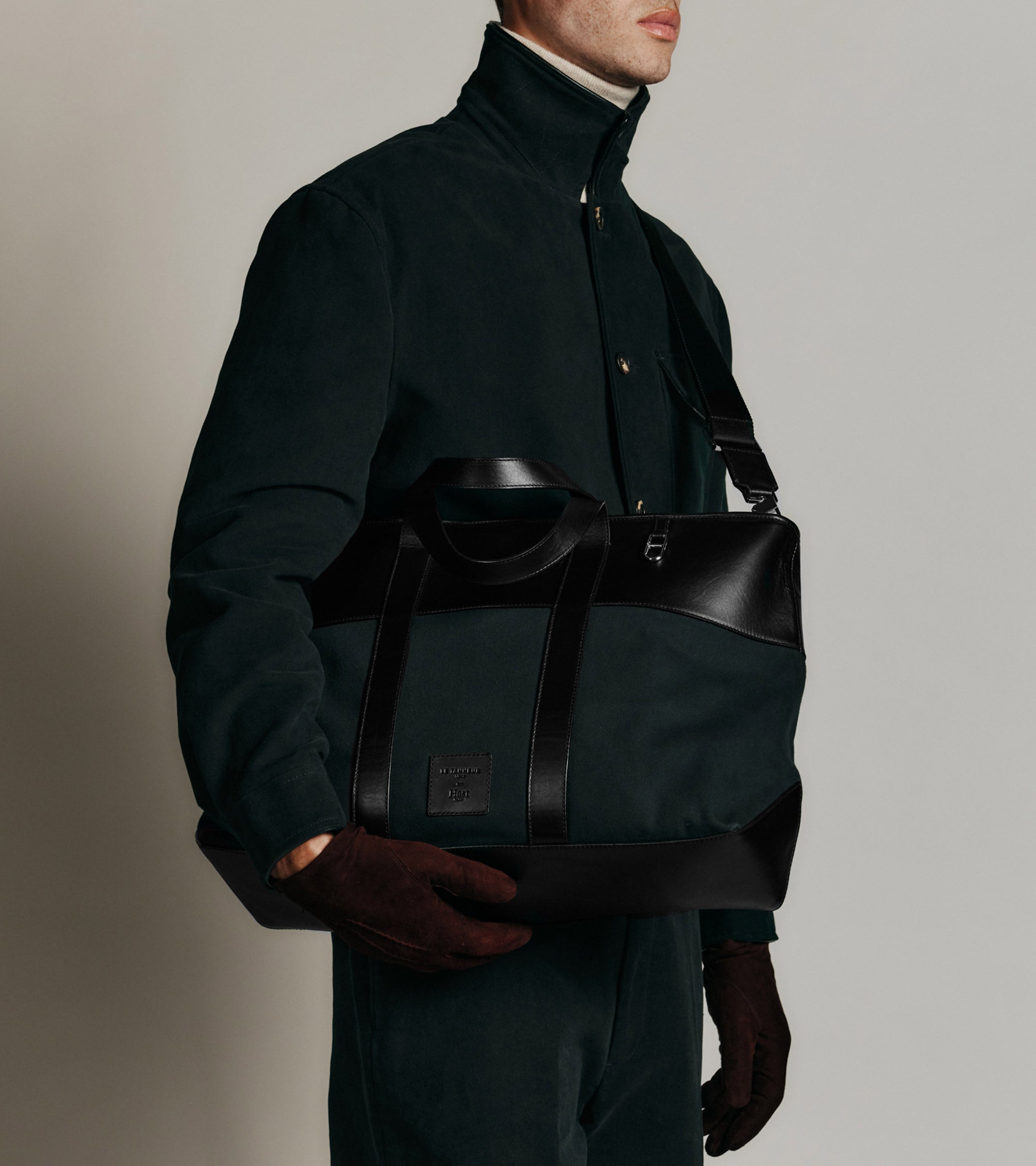 Sac cabas porté main Le Tanneur x HAST en cuir lisse et toile coton