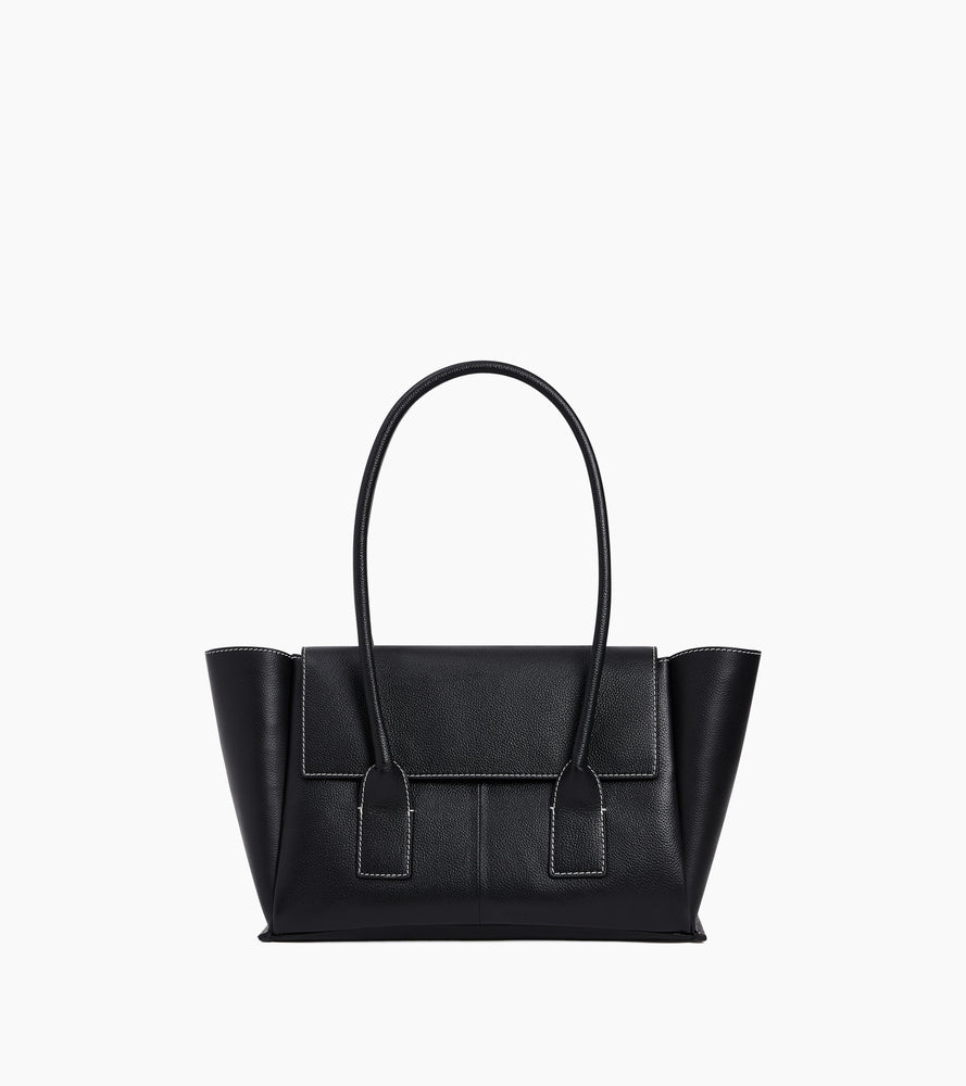 Medium tote bag with flap in grained leather