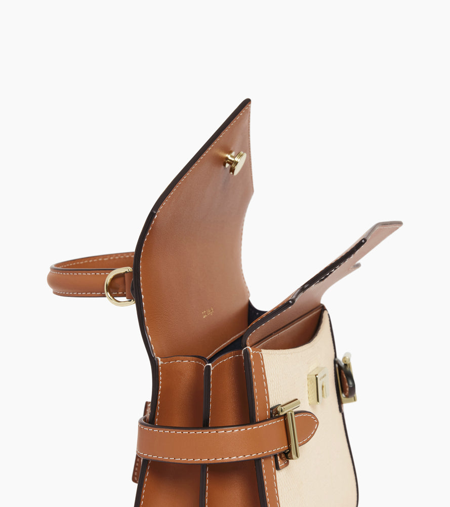 Petit sac à main double rabat Emilie en toile coton et cuir lisse